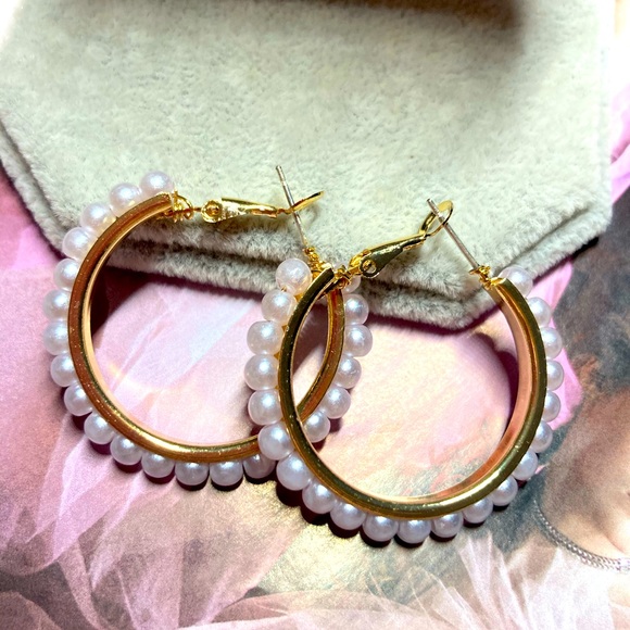 White Faux Pearl Hoop Earrings - Picture 3 of 4
